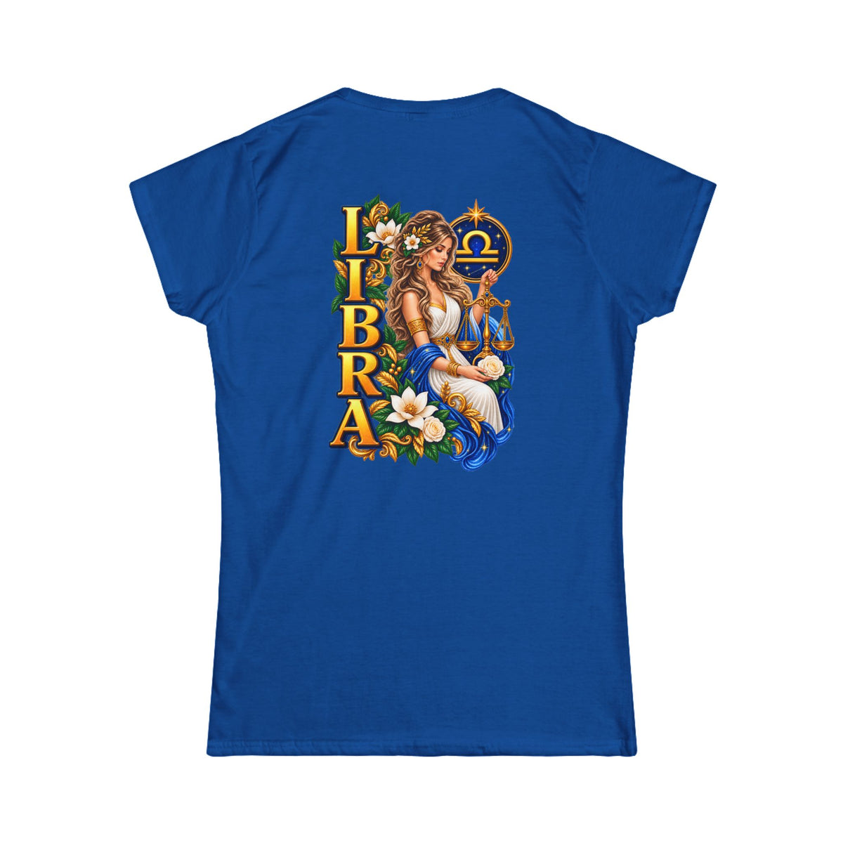SatsandStripes.com Libra Zodiac Women’s T-Shirt – Elegant Astrology Back Print Tee  September 23–October 22 - Royal Blue