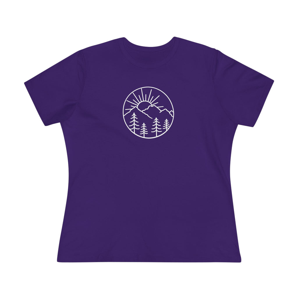 Sats and Stripes Mountain Sunrise Women's T-Shirt Minimalist Nature Graphic Tee Purple