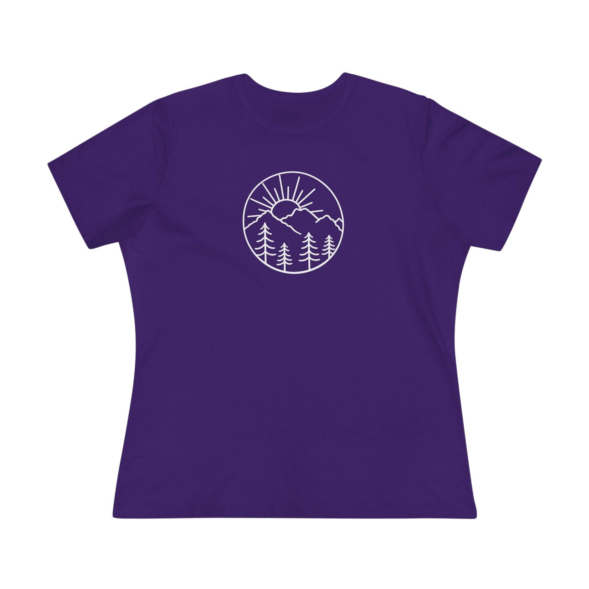 Sats and Stripes Mountain Sunrise Women's T-Shirt Minimalist Nature Graphic Tee Purple