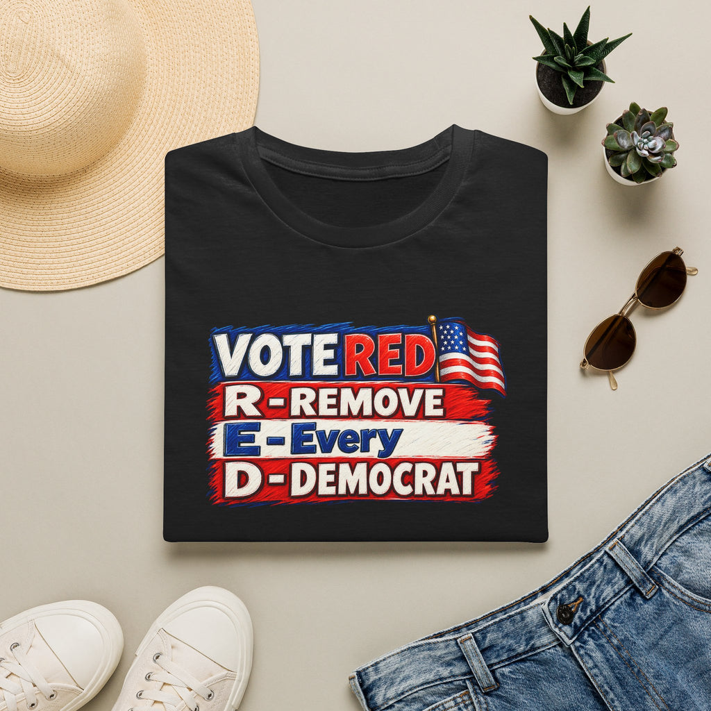 SatsandStripes.com Vote Red R.E.D. Political Graphic Softstyle® T-Shirt – Patriotic Red White & Blue Statement Tee Black Folded