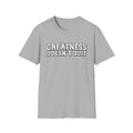 SatsandStripes.com Greatness Doesn’t Quit Softstyle® T-Shirt – Motivational Graphic Tee, Inspirational Shirt, Positive Mindset Gift for Men & Women Grey