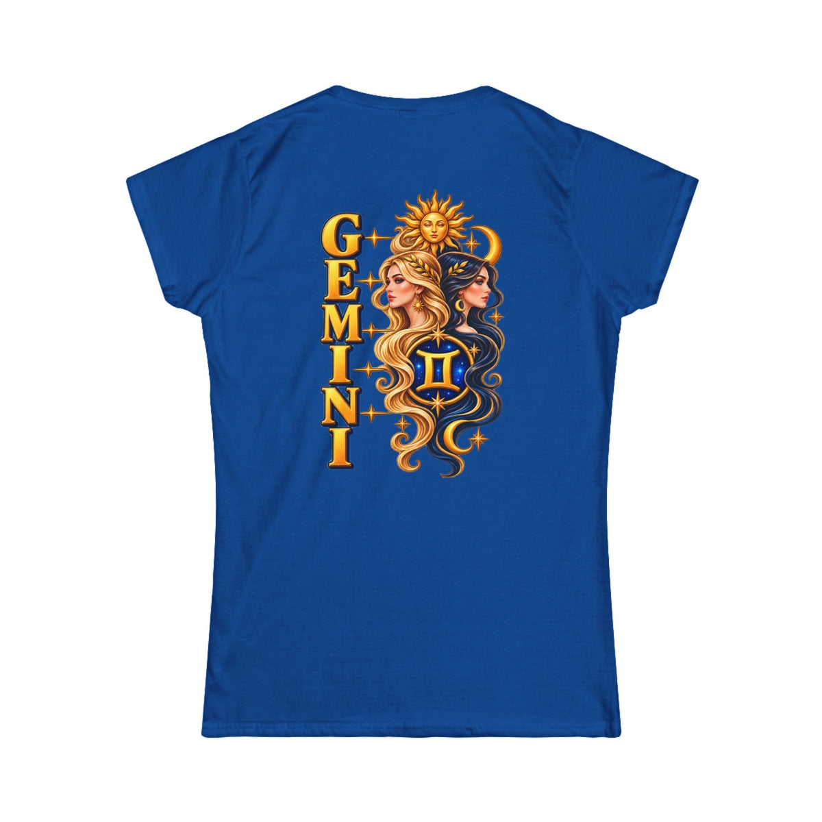 SatsandStripes.com Gemini Zodiac Women’s SoftStyle T-Shirt – Celestial Twins Astrology Tee, Bold Gold Back Print Royal Blue