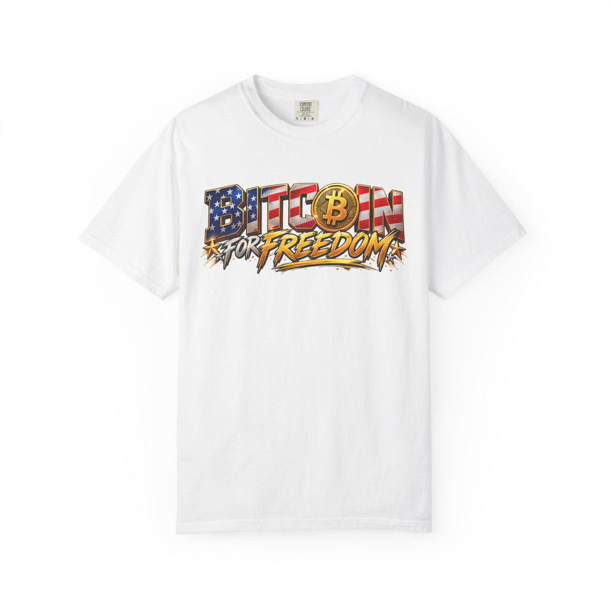 SatsandStripes.com BITCOIN FOR FREEDOM – Patriotic Bitcoin T-Shirt | American Flag Crypto Tee | Freedom & Financial Independence Unisex Shirt White