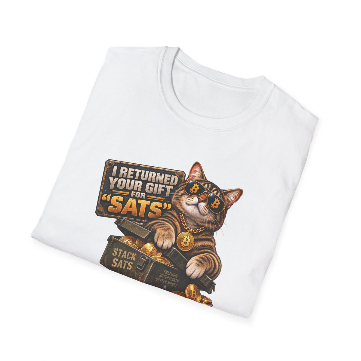 SatsandStripes.com I Returned Your Gift for Sats T-Shirt Funny Bitcoin Cat Graphic Tee Crypto Holiday Tee for Bitcoin Lovers White folded
