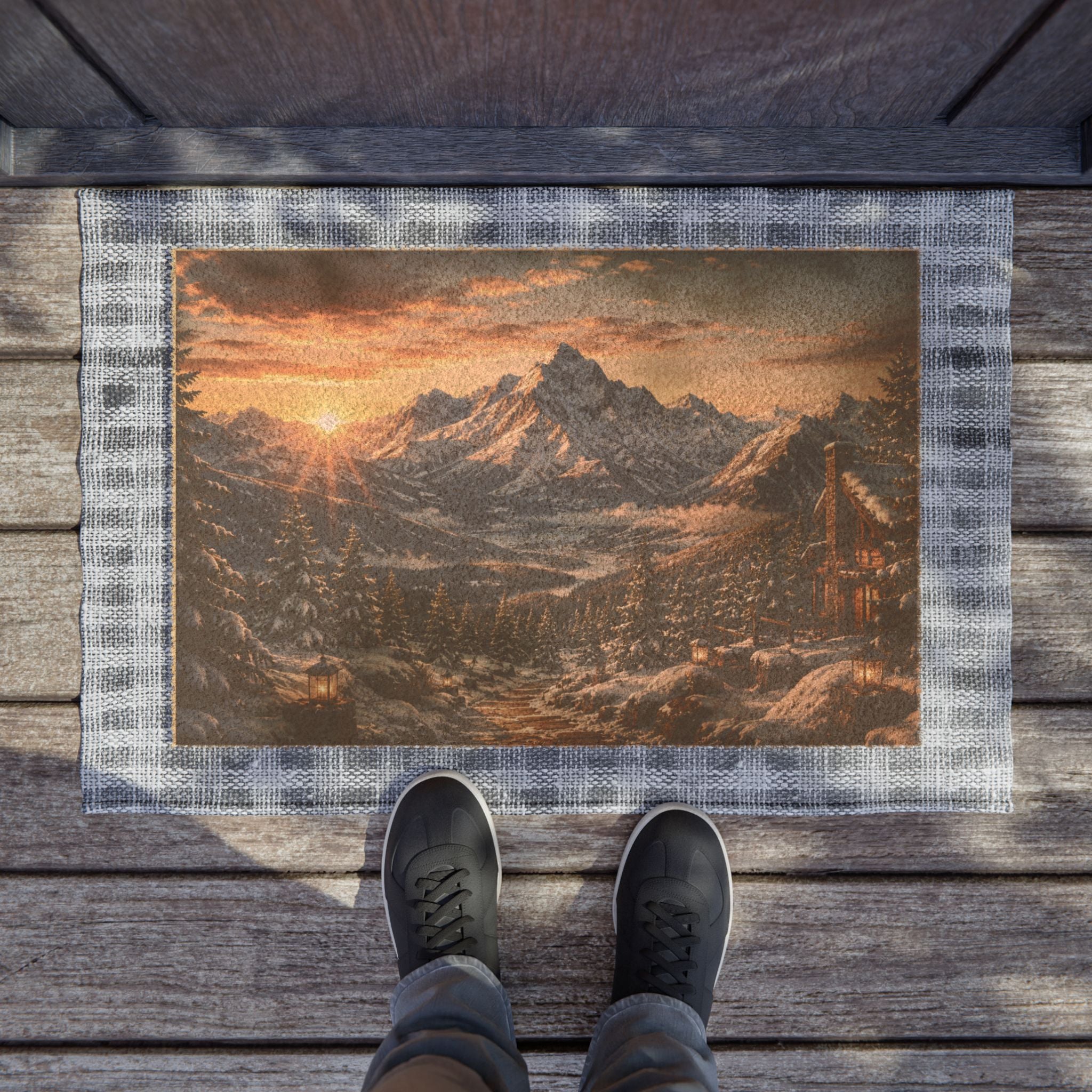 Rustic Snowy Mountain Sunrise Coir Doormat  Winter Cabin Welcome Mat 24" x 16" Outdoor Entry Rug