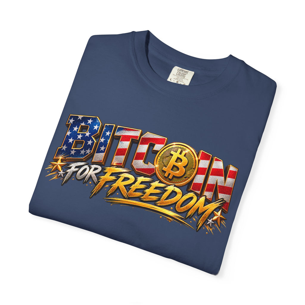 SatsandStripes.com BITCOIN FOR FREEDOM – Patriotic Bitcoin T-Shirt | American Flag Crypto Tee | Freedom & Financial Independence Unisex Shirt China Blue Folded