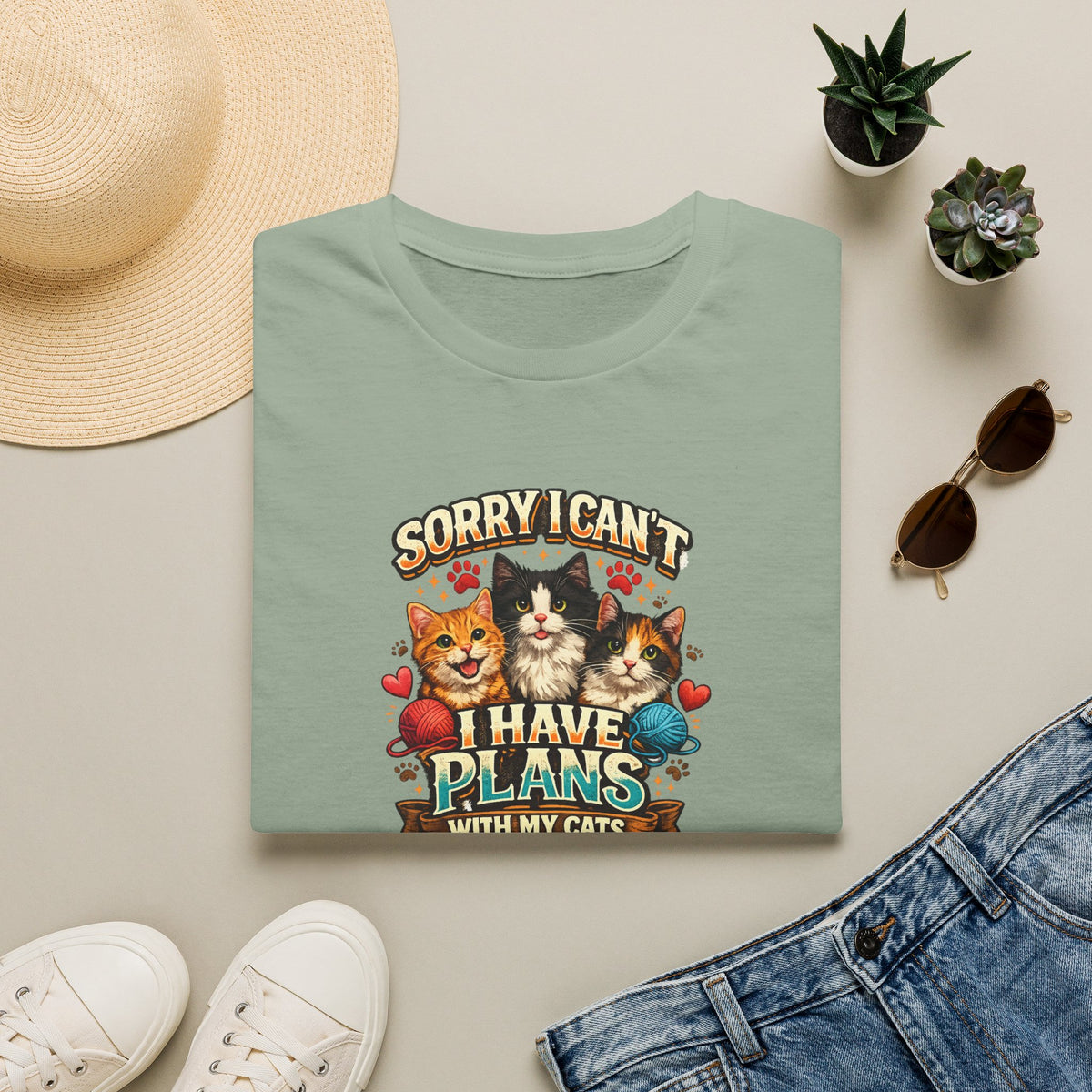 SatsandStripes.com Sorry I Can't I Have Plans With My Cats Expressive Cat Lover T-Shirt Funny Cat Mom Tee Cute Cat Shirt Sage