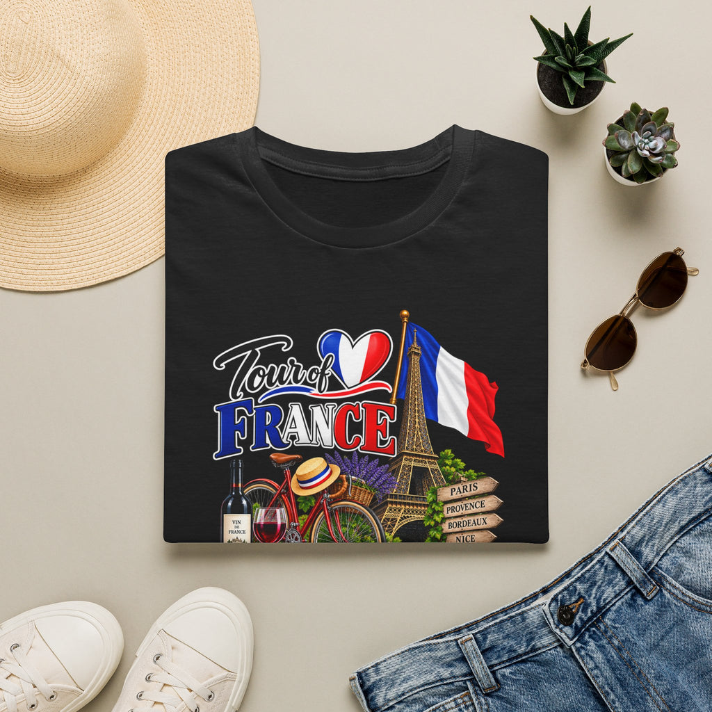 SatsandStripes.com Tour of France Softstyle® T-Shirt – Paris Eiffel Tower French Travel Graphic Tee Black Folded