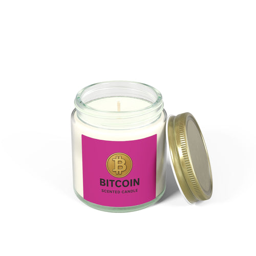 Sats and Stripes Bitcoin Logo Candles Coconut Apricot Wax 4 oz & 9 oz Clear with Pink Label