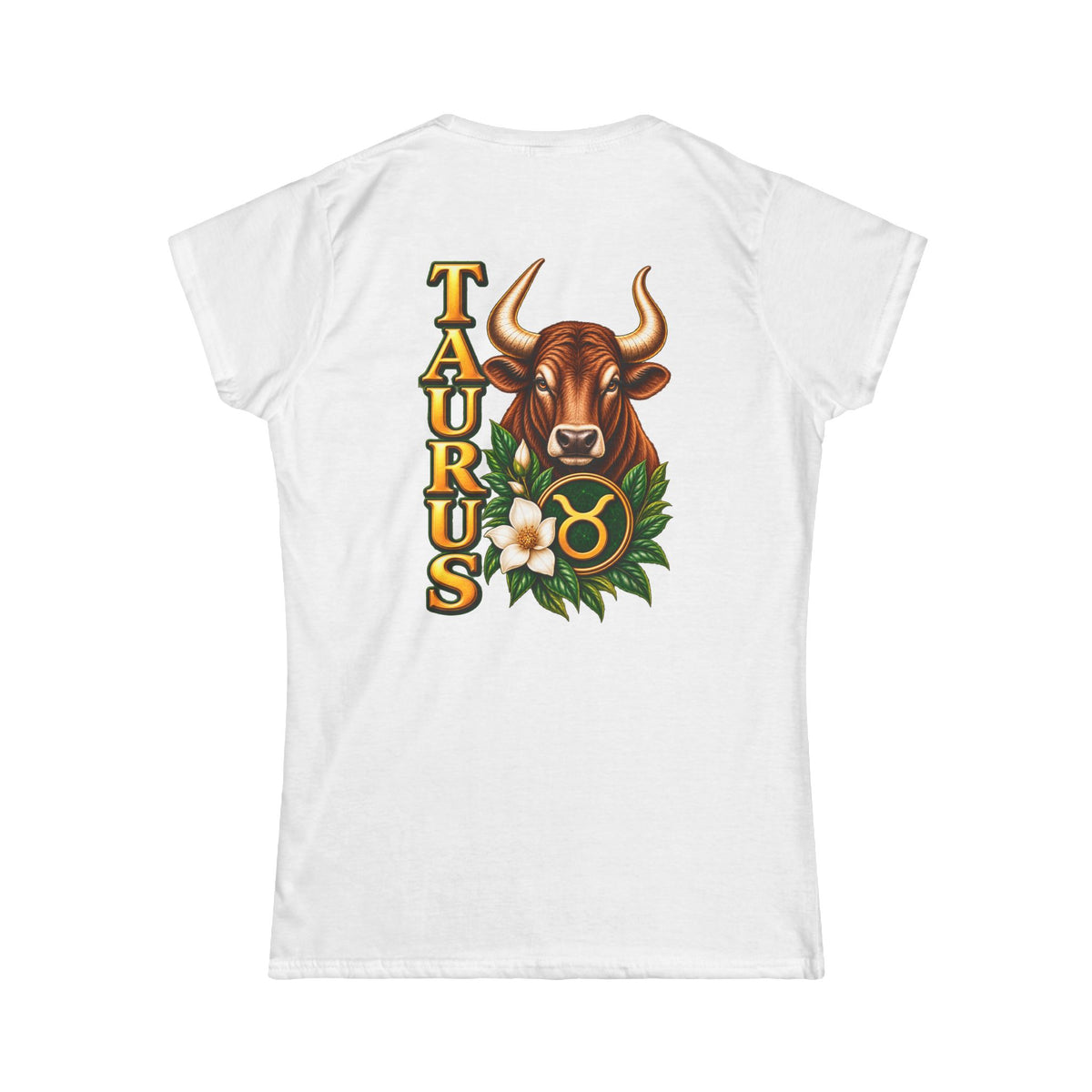 SatsandStripes.com Taurus Zodiac Women’s T-Shirt – Bold Bull Astrology Tee with Floral Zodiac Symbol White