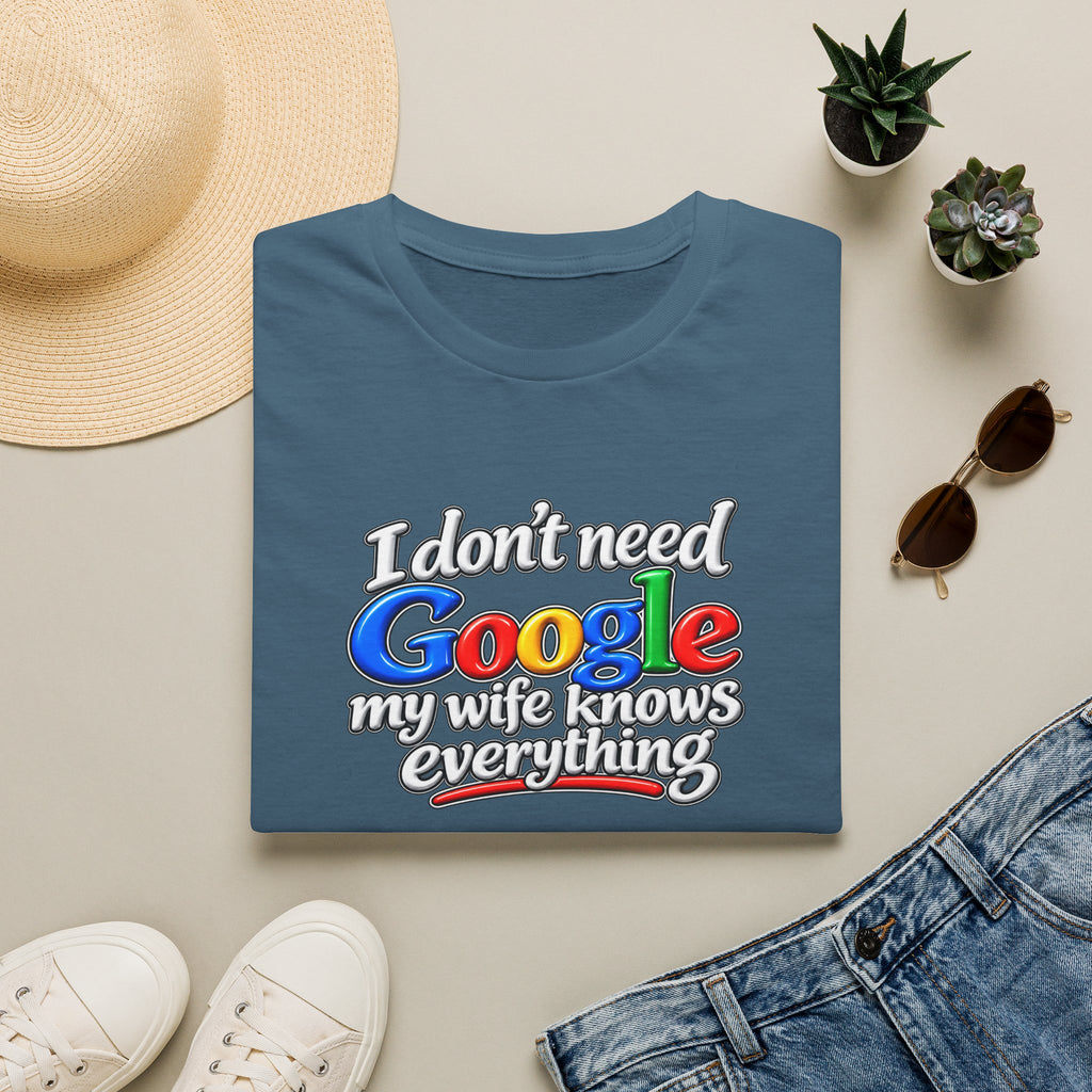 SatsandStripes.com I Don’t Need Google, My Husband Knows Everything – Funny Wife Softstyle® T-Shirt Indigo Blue Folded