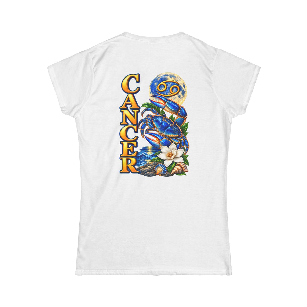 SatsandStripes.com Cancer Zodiac Women’s SoftStyle T-Shirt – Bold Crab & Moon Astrology Graphic Tee White