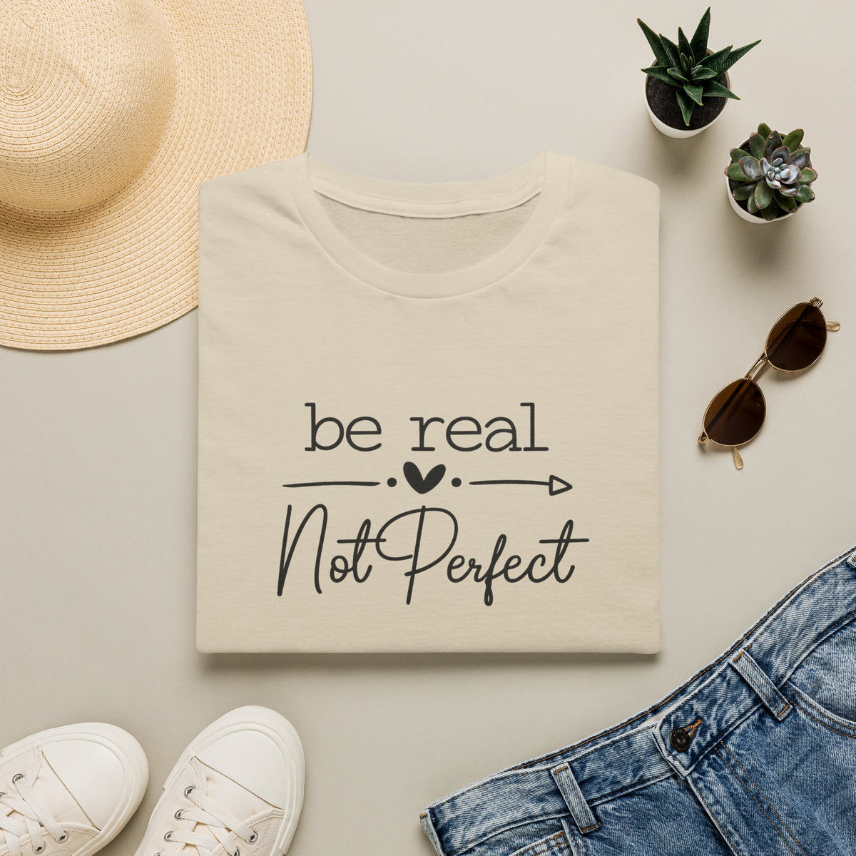 SatsandStripes.com Be Real Not Perfect T-Shirt Inspirational Quote Tee Positive Mindset Shirt Gift for Women Sand Folded