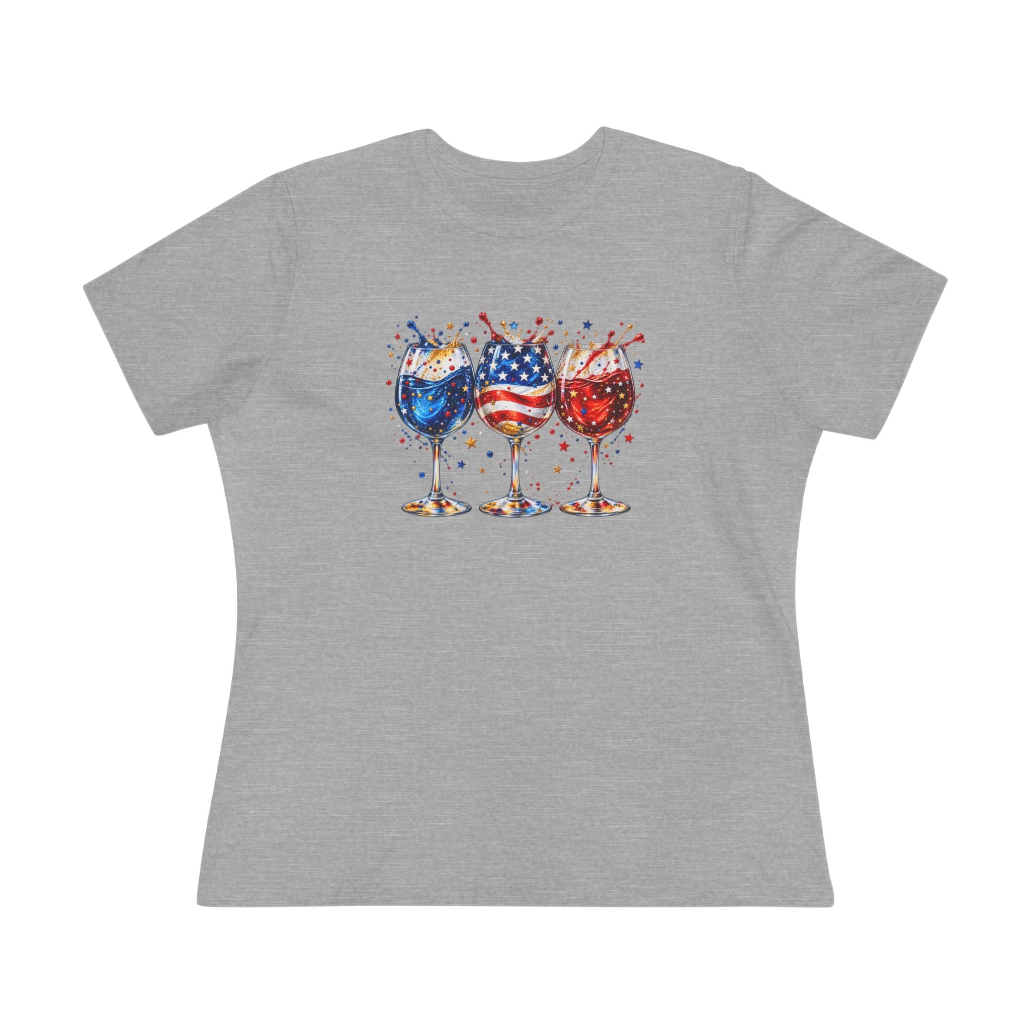 SatsandStripes.com Patriotic Wine Glass Women's T-Shirt – Red White & Blue USA Graphic Tee Grey