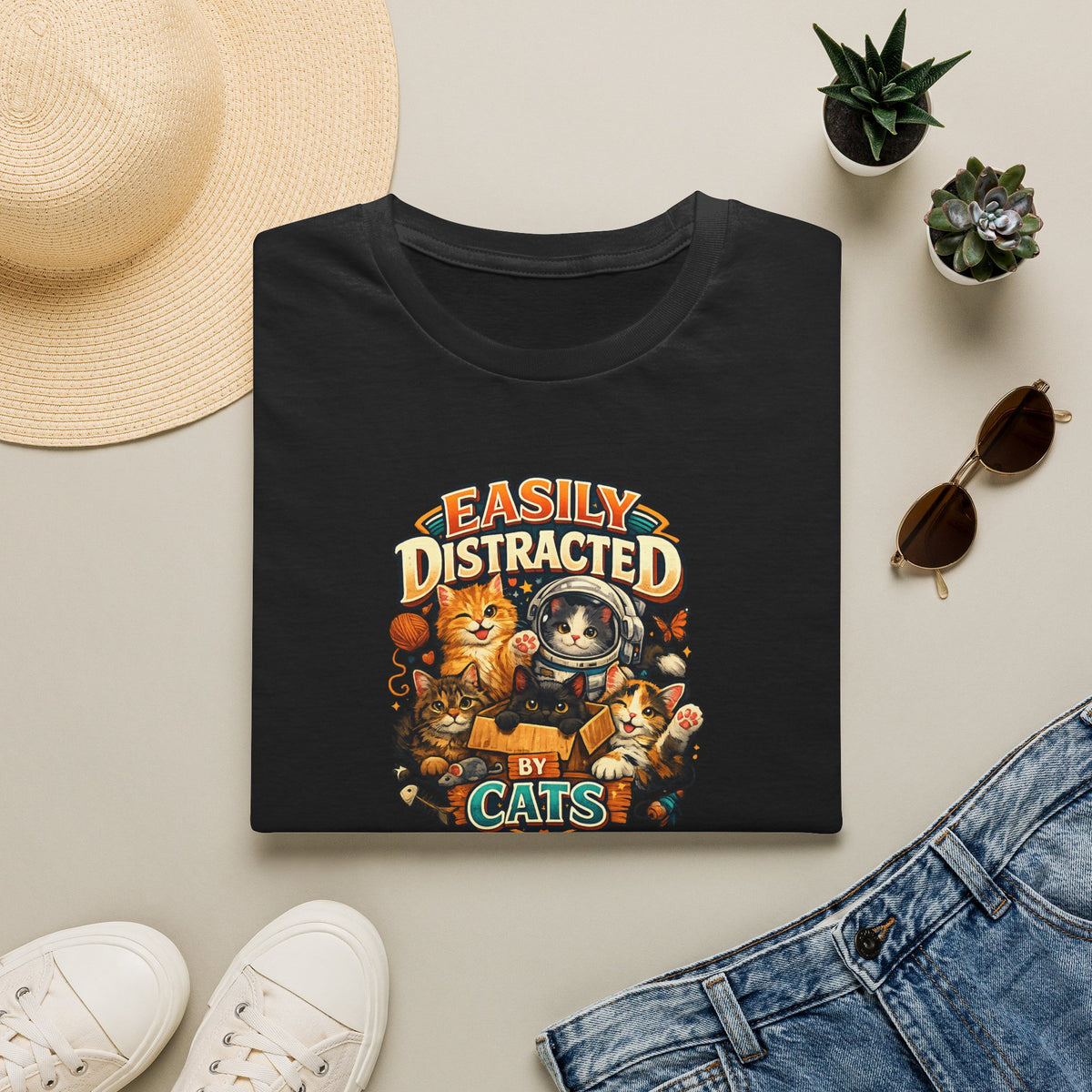 SatsandStripes.com Easily Distracted by Cats T-Shirt Cute Cat Lover Shirt Funny Cat Mom Tee Cozy Pet Lover Gift Black Folded