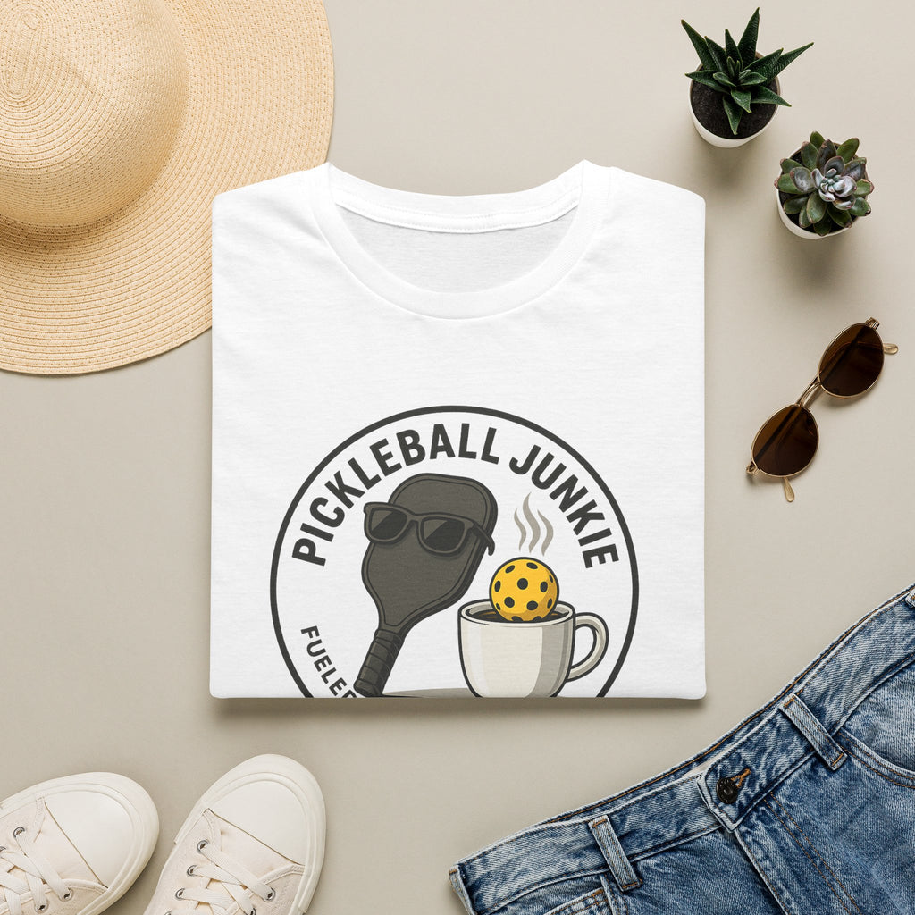 Sats and Stripes Pickleball Junkie Tee Fueled by Coffee & Dinks White Folded