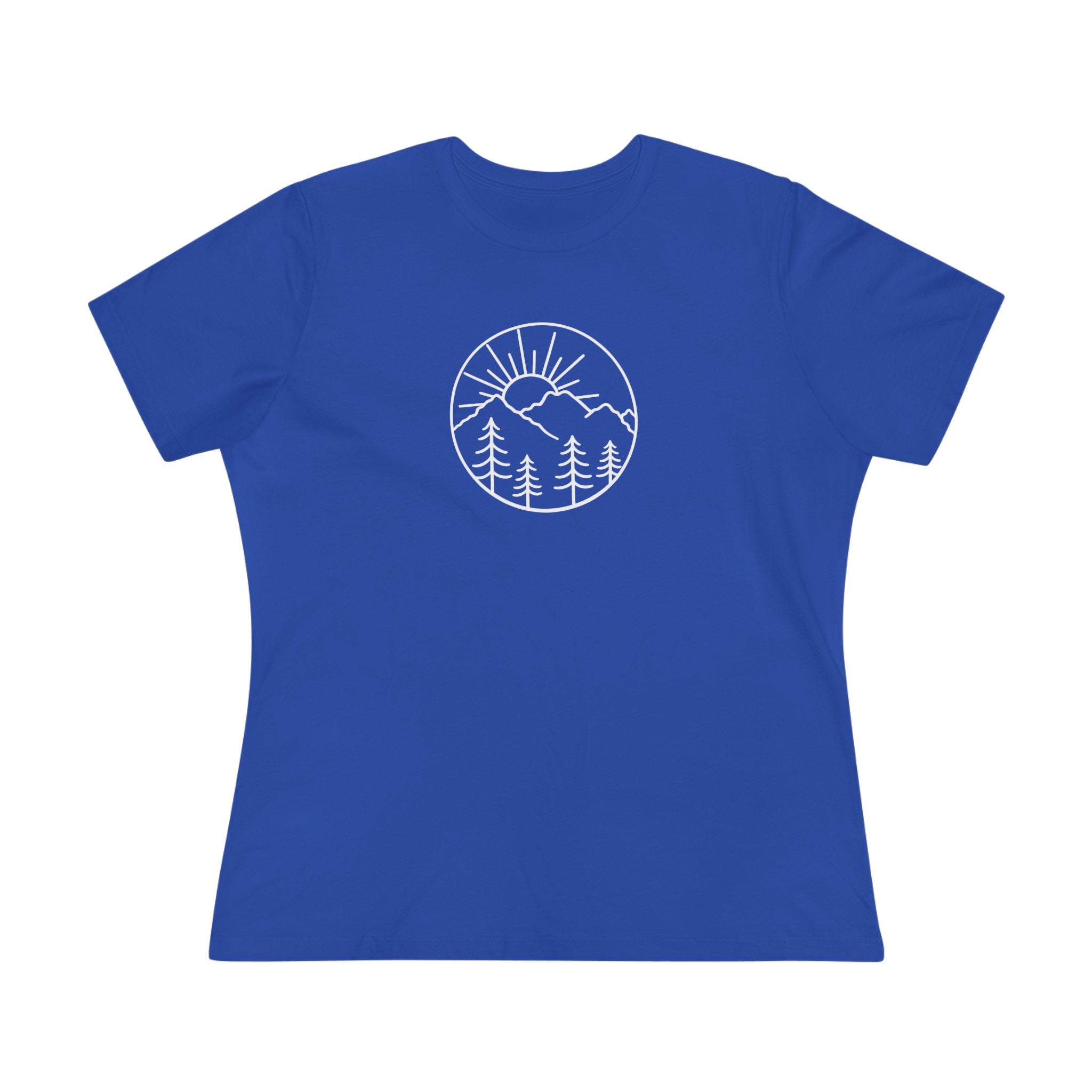 Sats and Stripes Mountain Sunrise Women's T-Shirt Minimalist Nature Graphic Tee Blue