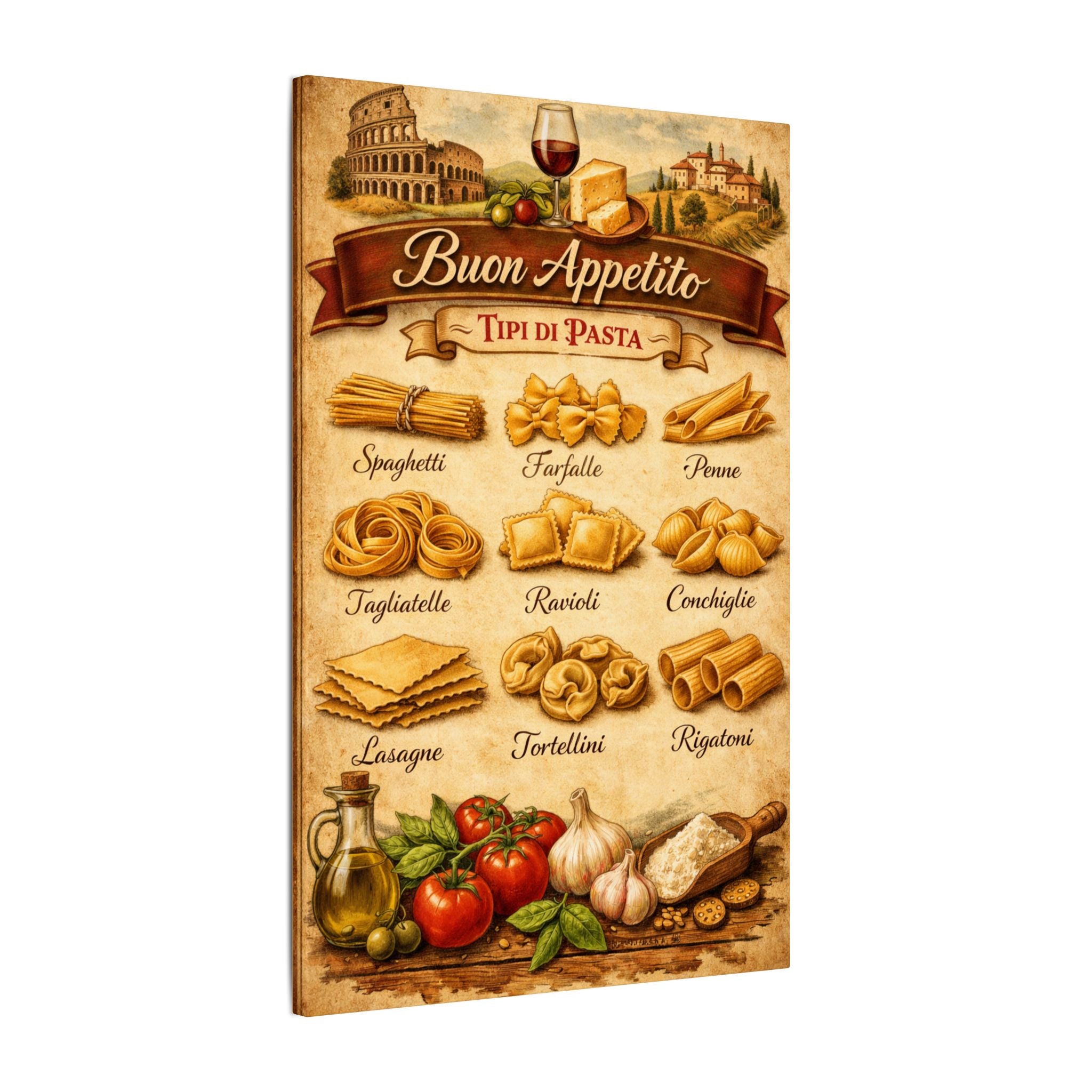 Buon Appetito Italienische Pasta-Tabelle Leinwand Italienische Küchendekoration Nudelsorten Poster Rustikale Toskanische Kochkunst Wandbild 16 x 24