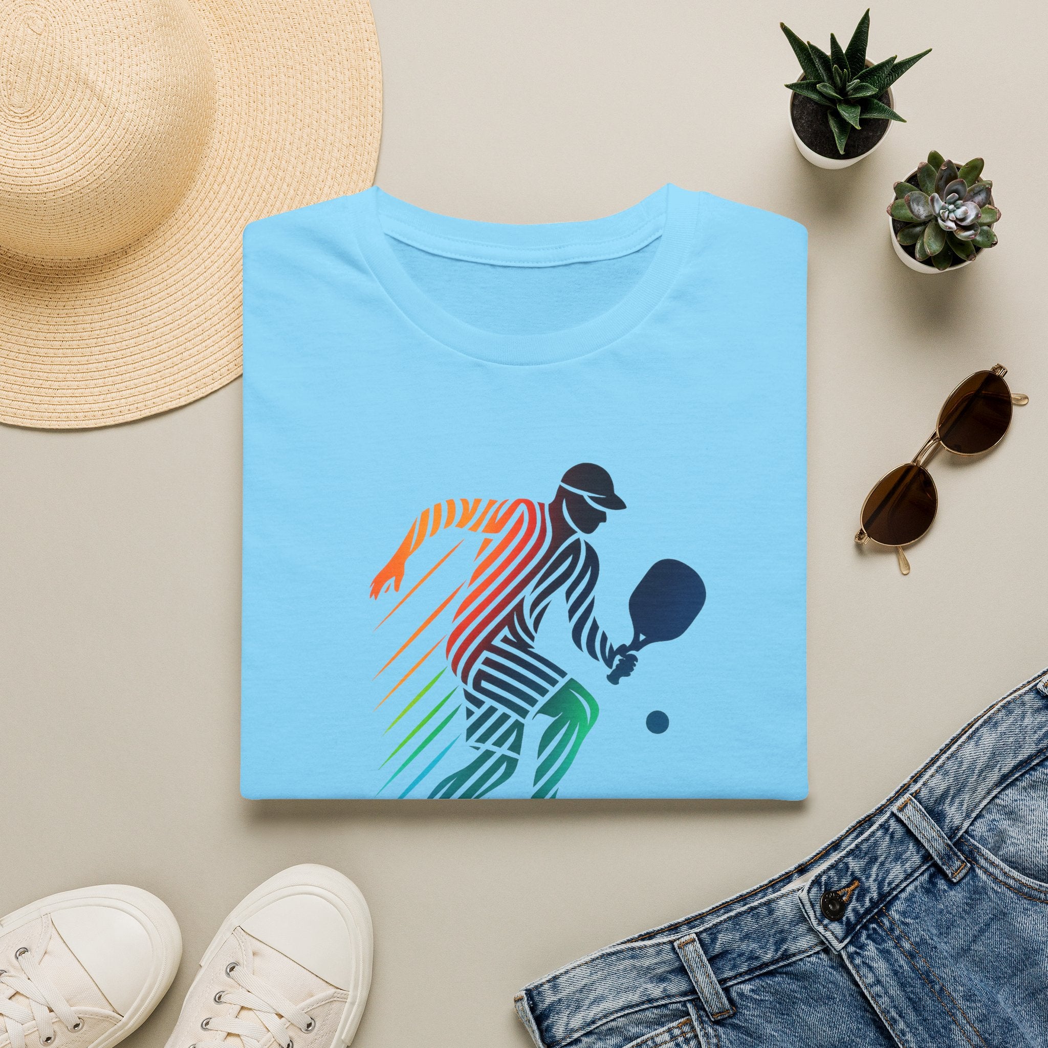 Sats and Stripes Pickleball Motion Tee Dynamic Player Design for Athletes & Enthusiasts Sky Blue Folded