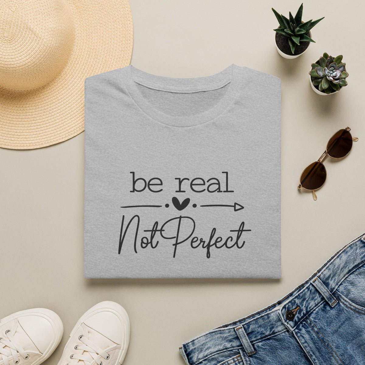SatsandStripes.com Be Real Not Perfect T-Shirt Inspirational Quote Tee Positive Mindset Shirt Gift for Women Grey Folded