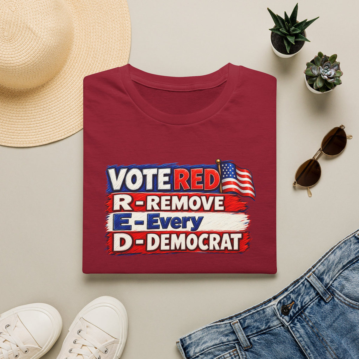 SatsandStripes.com Vote Red R.E.D. Political Graphic Softstyle® T-Shirt – Patriotic Red White & Blue Statement Tee Cardinal Red Folded