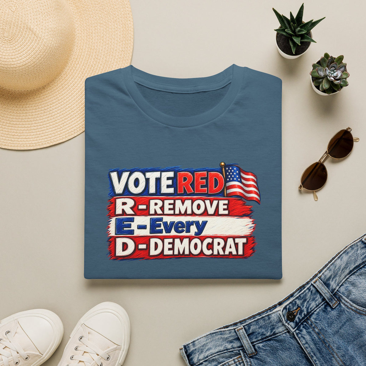 SatsandStripes.com Vote Red R.E.D. Political Graphic Softstyle® T-Shirt – Patriotic Red White & Blue Statement Tee Indigo Blue Folded