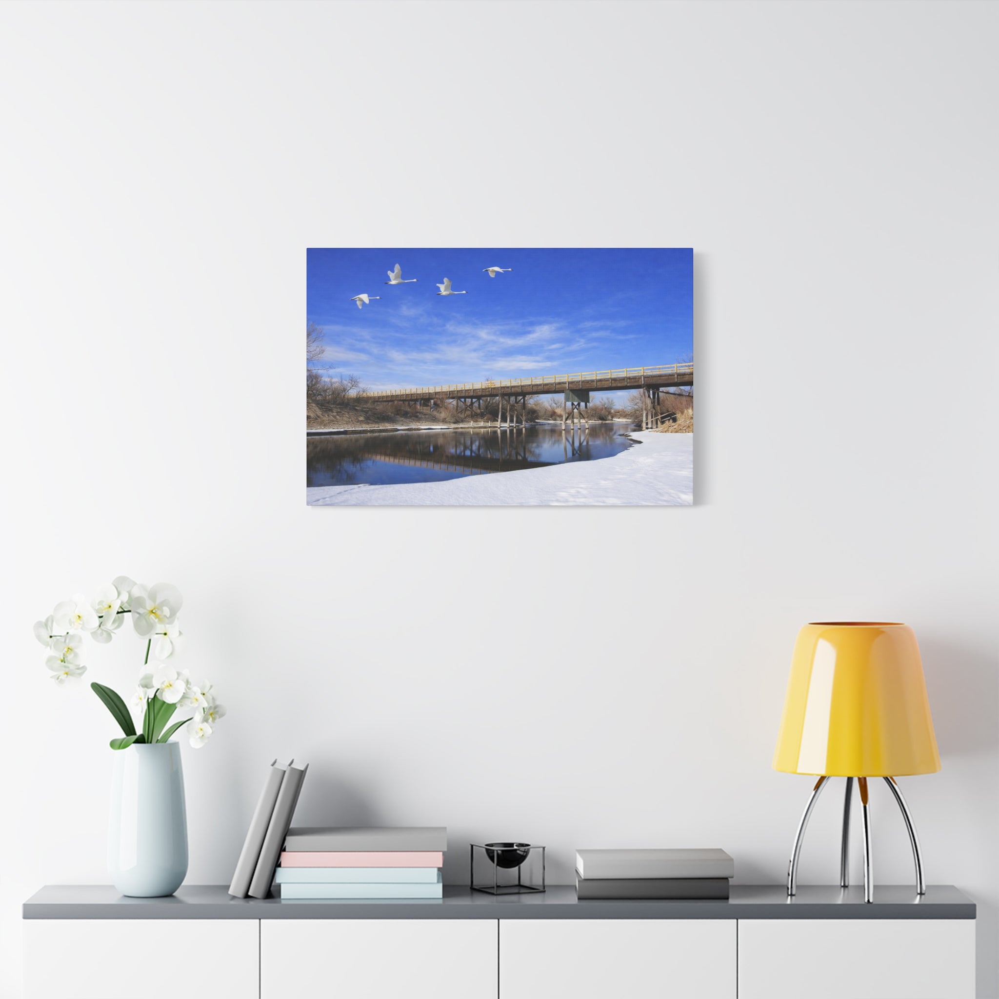 Jackson Bridge Matte Canvas, Stretched 1.25" - Scenic River & White Swans Wall Art - Customizable Nature Landscape Decor - 6 sizes