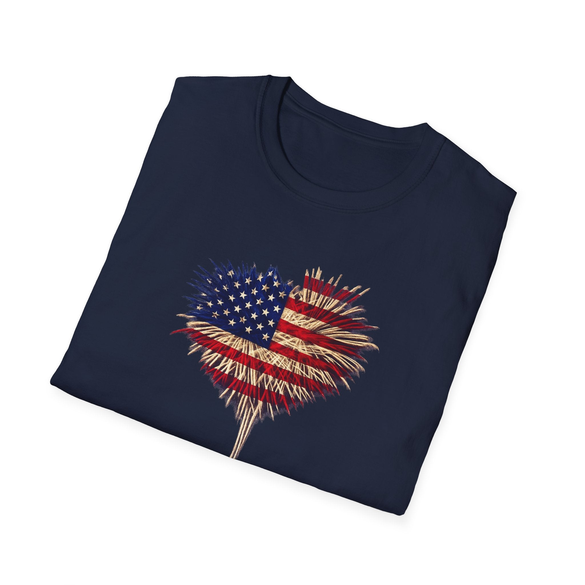 American Flag Fireworks Heart T-Shirt Patriotic 4th of July Shirt USA Independence Day Tee 7 colors 100% cotton