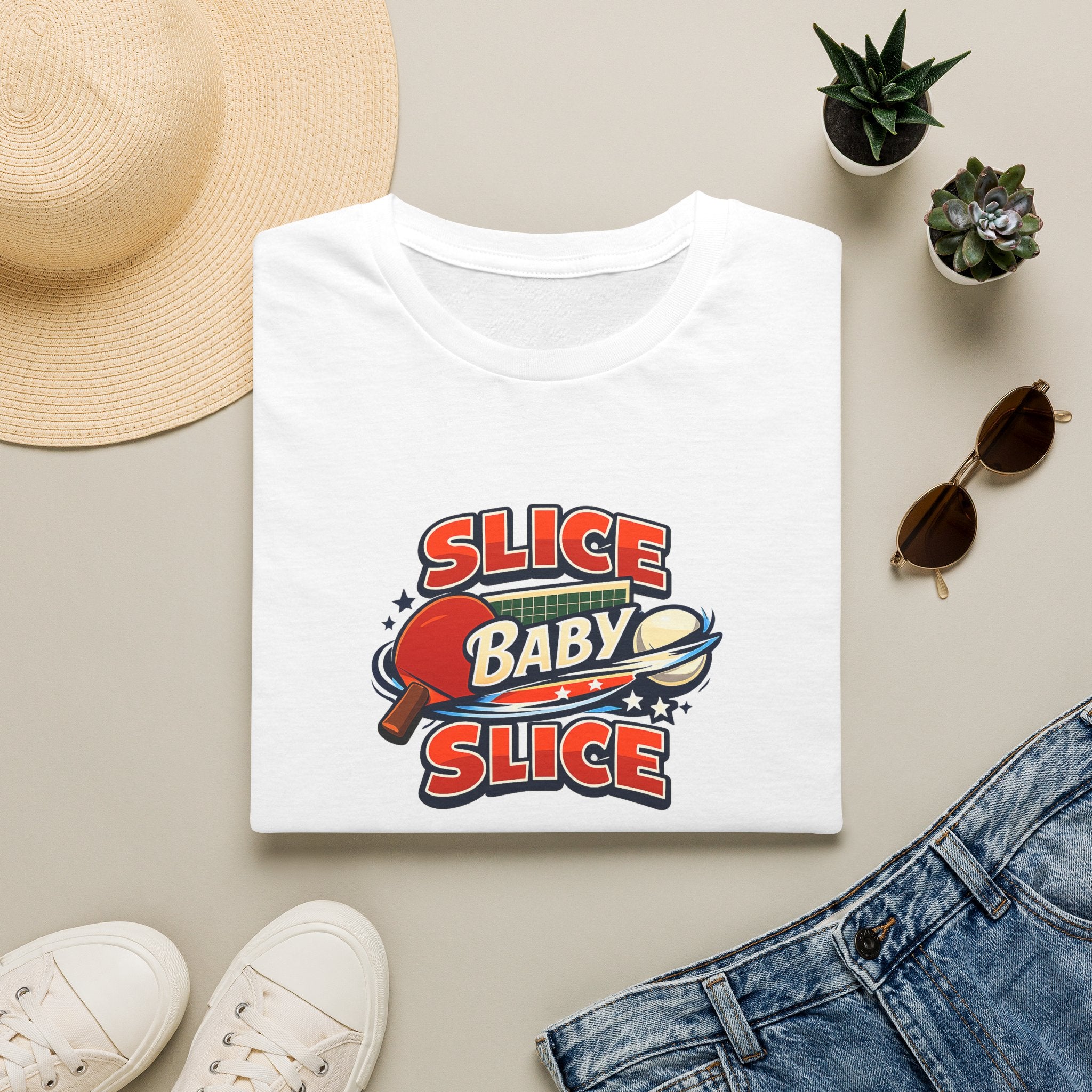 Sats and Stripes Slice Baby Slice Table Tennis T-Shirt Ping Pong Graphic Tee White Folded