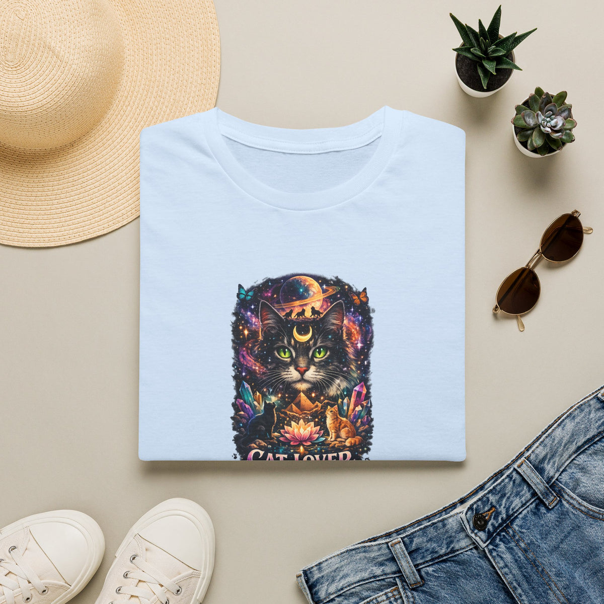 SatsandStripes.com Mystical Cat Lover T-Shirt for Women Cat Mom Shirt Gift for Cat Lovers Boho Fantasy Art Top Light Blue