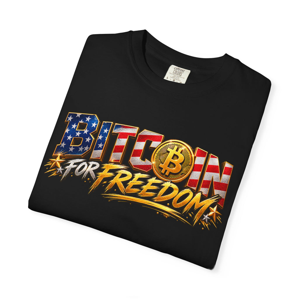 SatsandStripes.com BITCOIN FOR FREEDOM – Patriotic Bitcoin T-Shirt | American Flag Crypto Tee | Freedom & Financial Independence Unisex Shirt Black Folded
