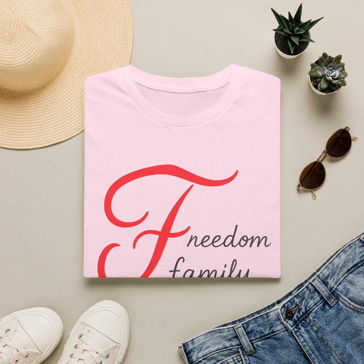 SatsandStripes.com Freedom Family Faith T-Shirt Inspirational Christian Tee Pink Folded