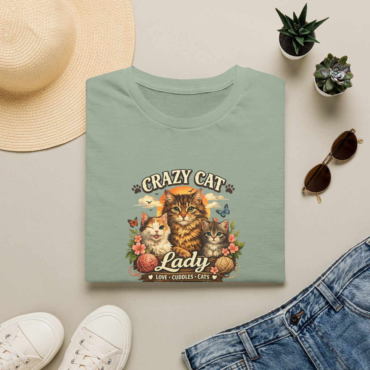 SatsandStripes.com Crazy Cat Lady T-Shirt Funny Cat Lover Shirt Cat Mom Tee Cute Cat Graphic Shirt Gift for Cat Lovers Sage Folded