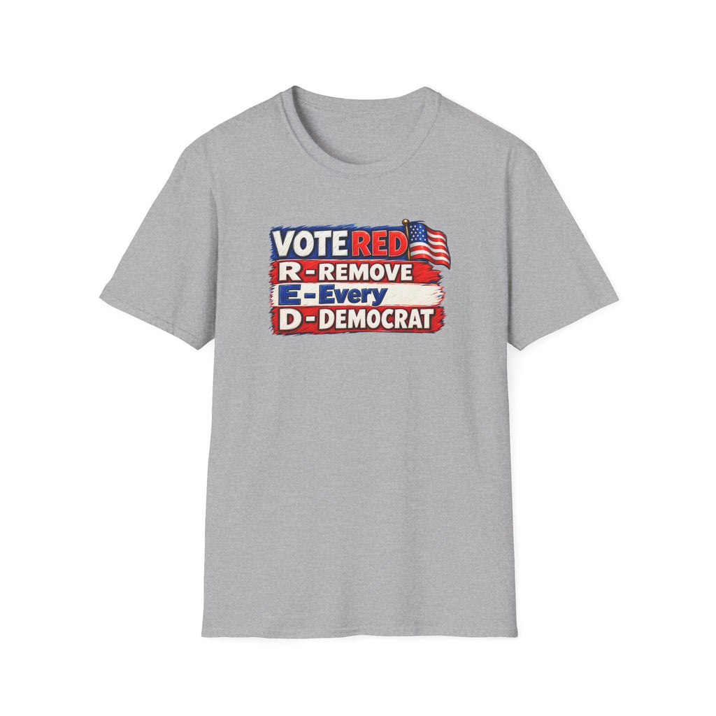 SatsandStripes.com Vote Red R.E.D. Political Graphic Softstyle® T-Shirt – Patriotic Red White & Blue Statement Tee Grey