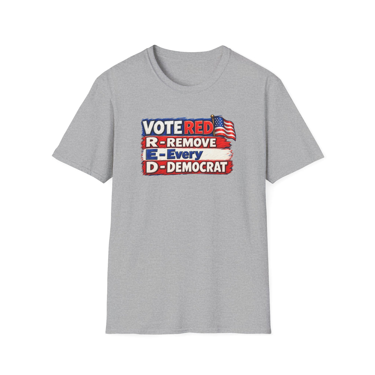 SatsandStripes.com Vote Red R.E.D. Political Graphic Softstyle® T-Shirt – Patriotic Red White & Blue Statement Tee Grey