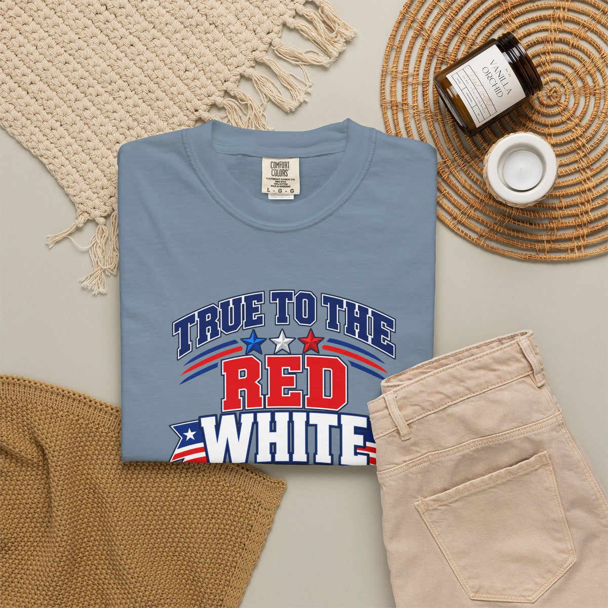 SatsandStripes.com True to the Red White and Blue Patriotic T-Shirt – American Flag USA Graphic Tee Ice Blue Folded