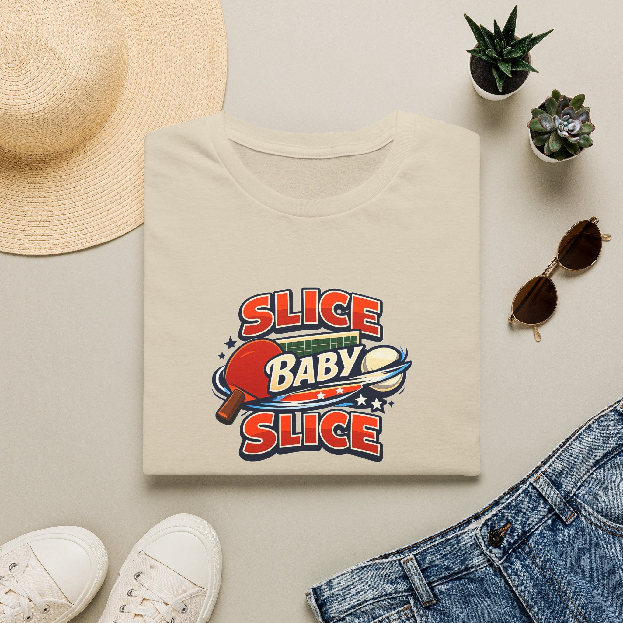 Sats and Stripes Slice Baby Slice Table Tennis T-Shirt Ping Pong Graphic Tee Sand Folded