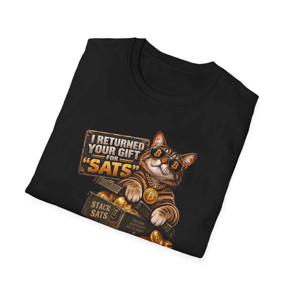 SatsandStripes.com I Returned Your Gift for Sats T-Shirt Funny Bitcoin Cat Graphic Tee Crypto Holiday Tee for Bitcoin Lovers Black folded