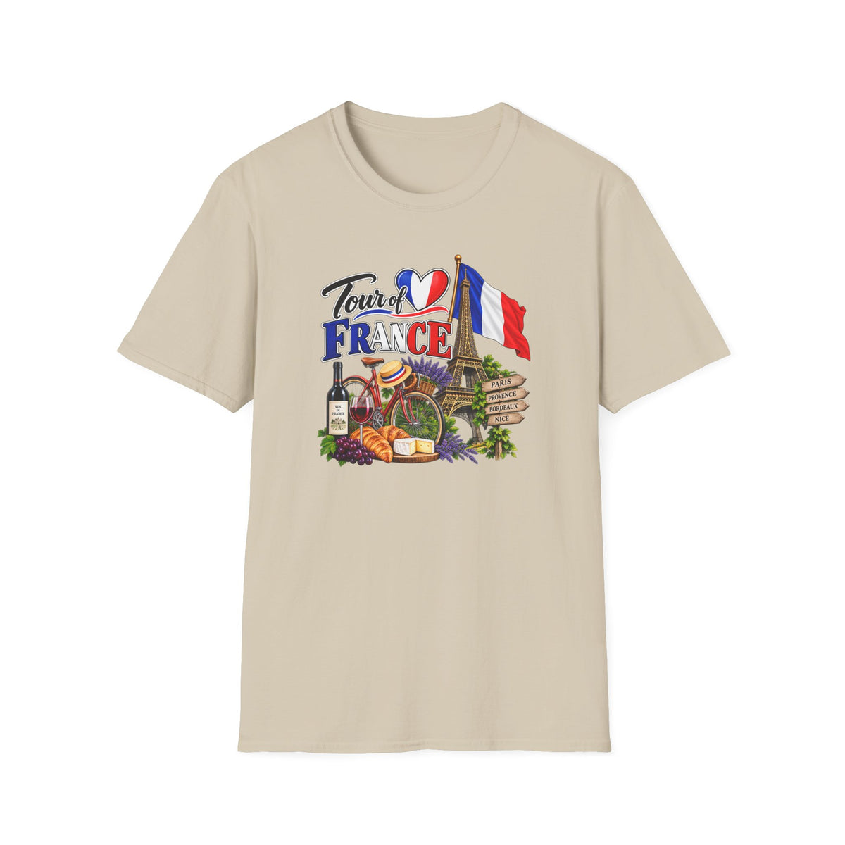 SatsandStripes.com Tour of France Softstyle® T-Shirt – Paris Eiffel Tower French Travel Graphic Tee Sand