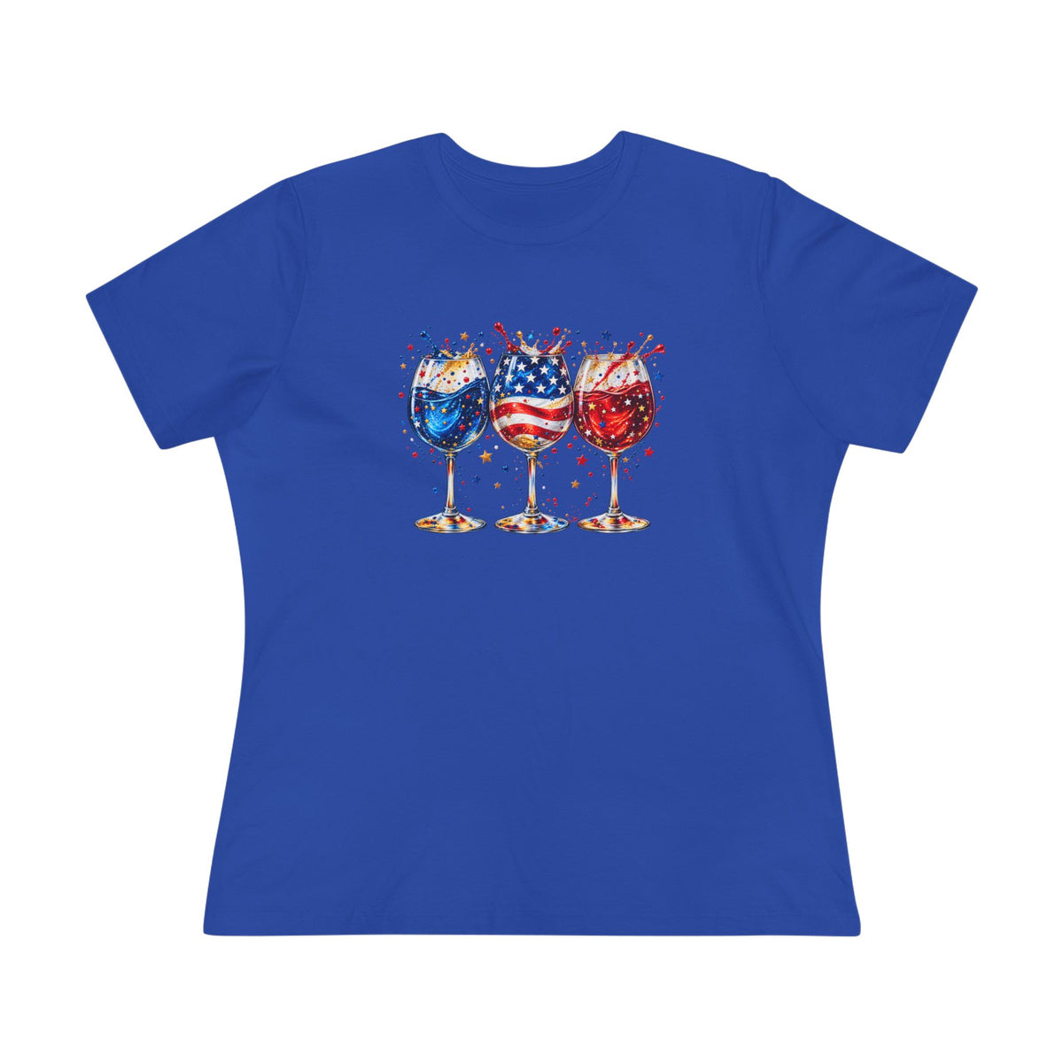 SatsandStripes.com Patriotic Wine Glass Women's T-Shirt – Red White & Blue USA Graphic Tee Royal Blue