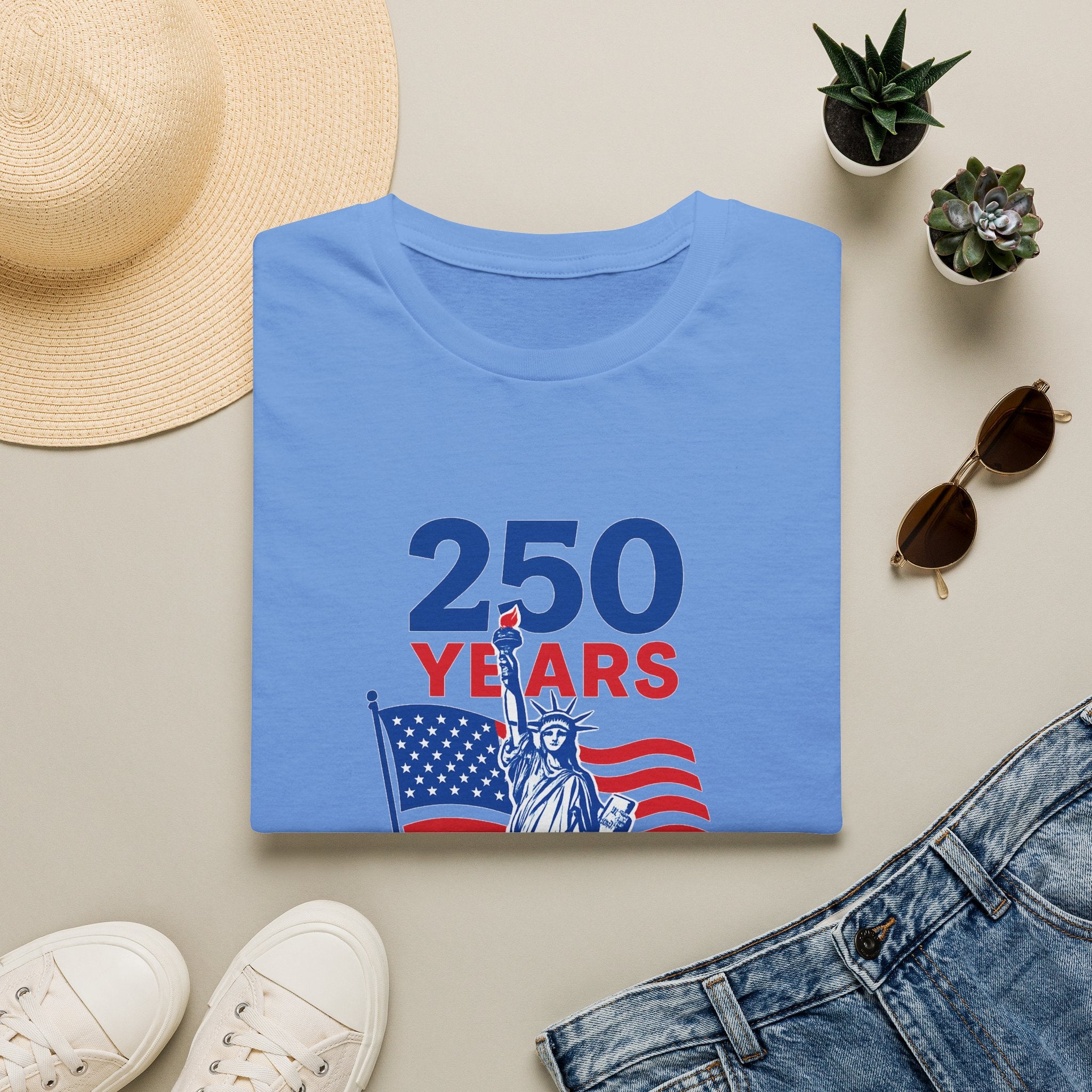 Sats and Stripes USA 250 Years of Freedom Commemorative Anniversary 1776-2026 T-Shirt Tee Blue Folded