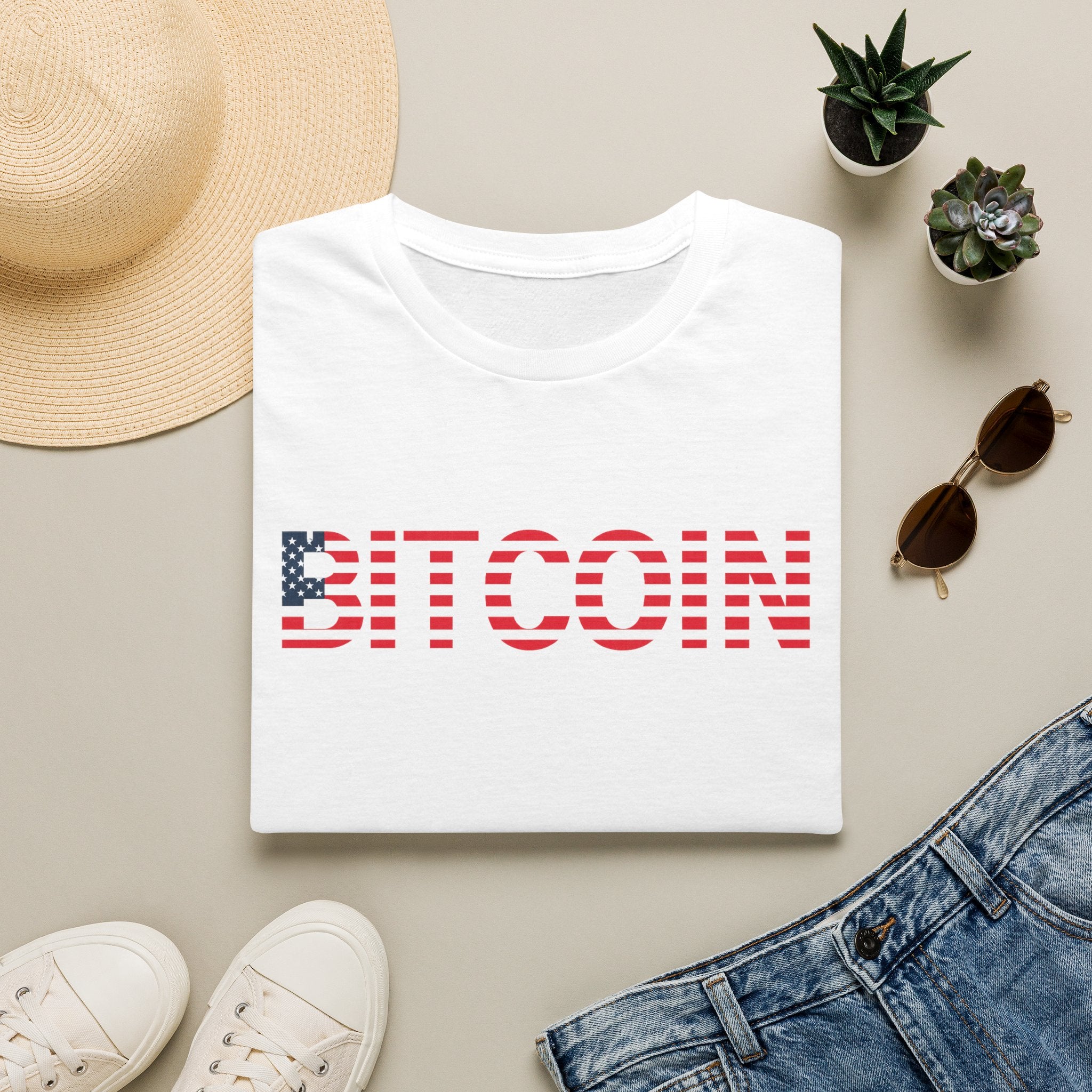 Sats and Stripes Patriotic Bitcoin & Freedom Stars Stripes and Sound Money T-shirt White Folded
