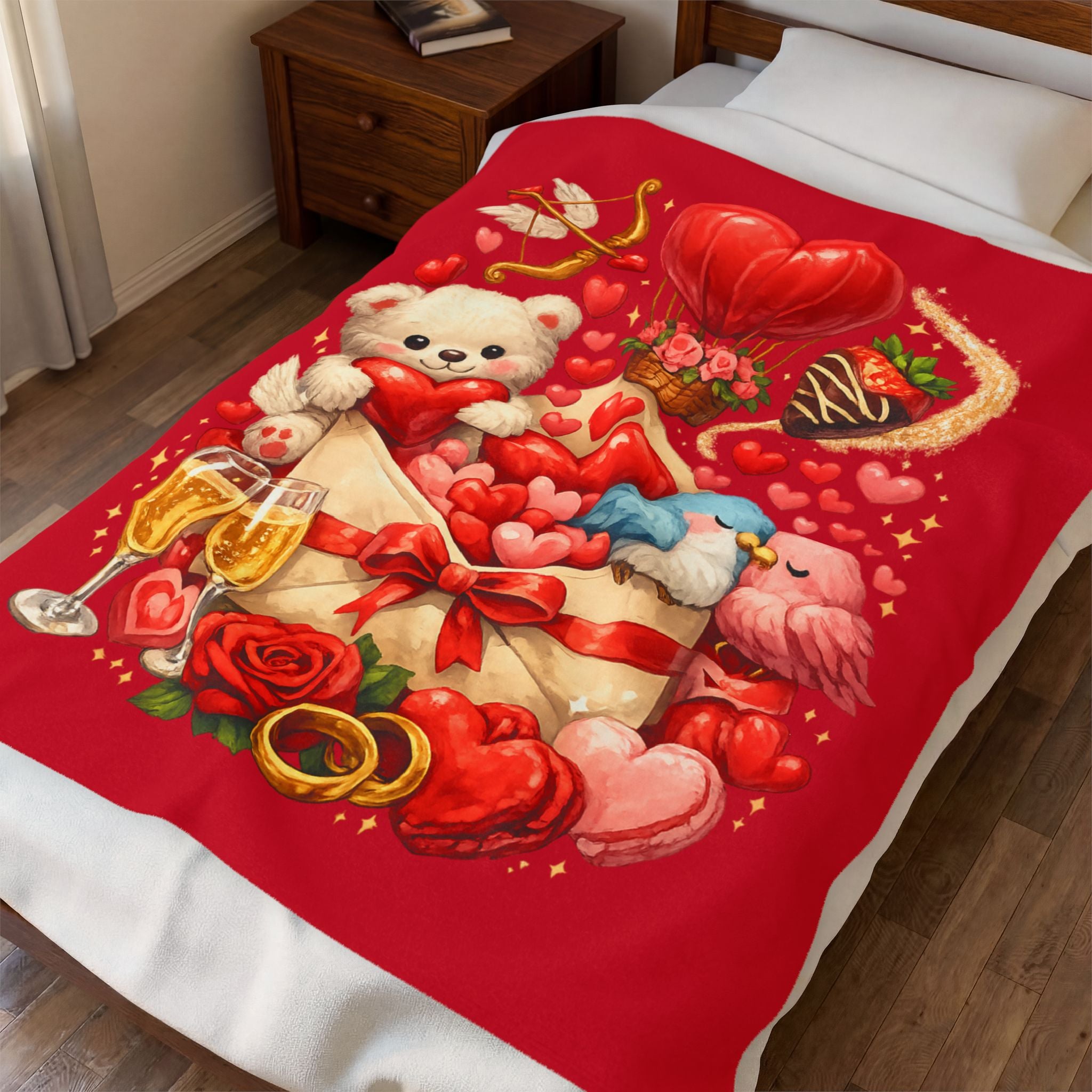 Valentine Love Blanket Throw Teddy Bear Hearts Roses & Champagne Cozy Velveteen Blanket Gift 50" x 60"
