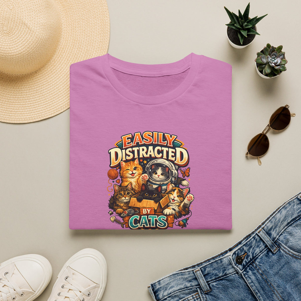 SatsandStripes.com Easily Distracted by Cats T-Shirt Cute Cat Lover Shirt Funny Cat Mom Tee Cozy Pet Lover Gift Orchid Folded