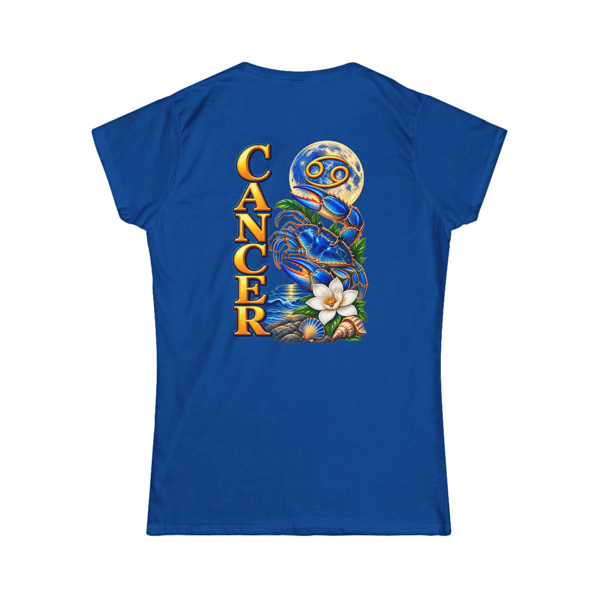 SatsandStripes.com Cancer Zodiac Women’s SoftStyle T-Shirt – Bold Crab & Moon Astrology Graphic Tee Royal Blue