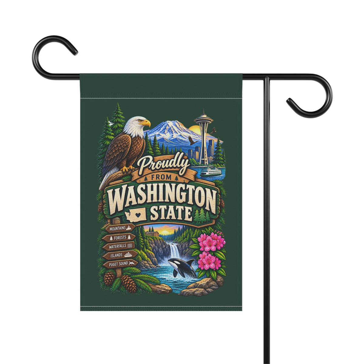 SatsandStripes.com Proudly From Washington State Garden Flag – Pacific Northwest Mountains, Orca & Evergreen Yard Décor 12 x 18