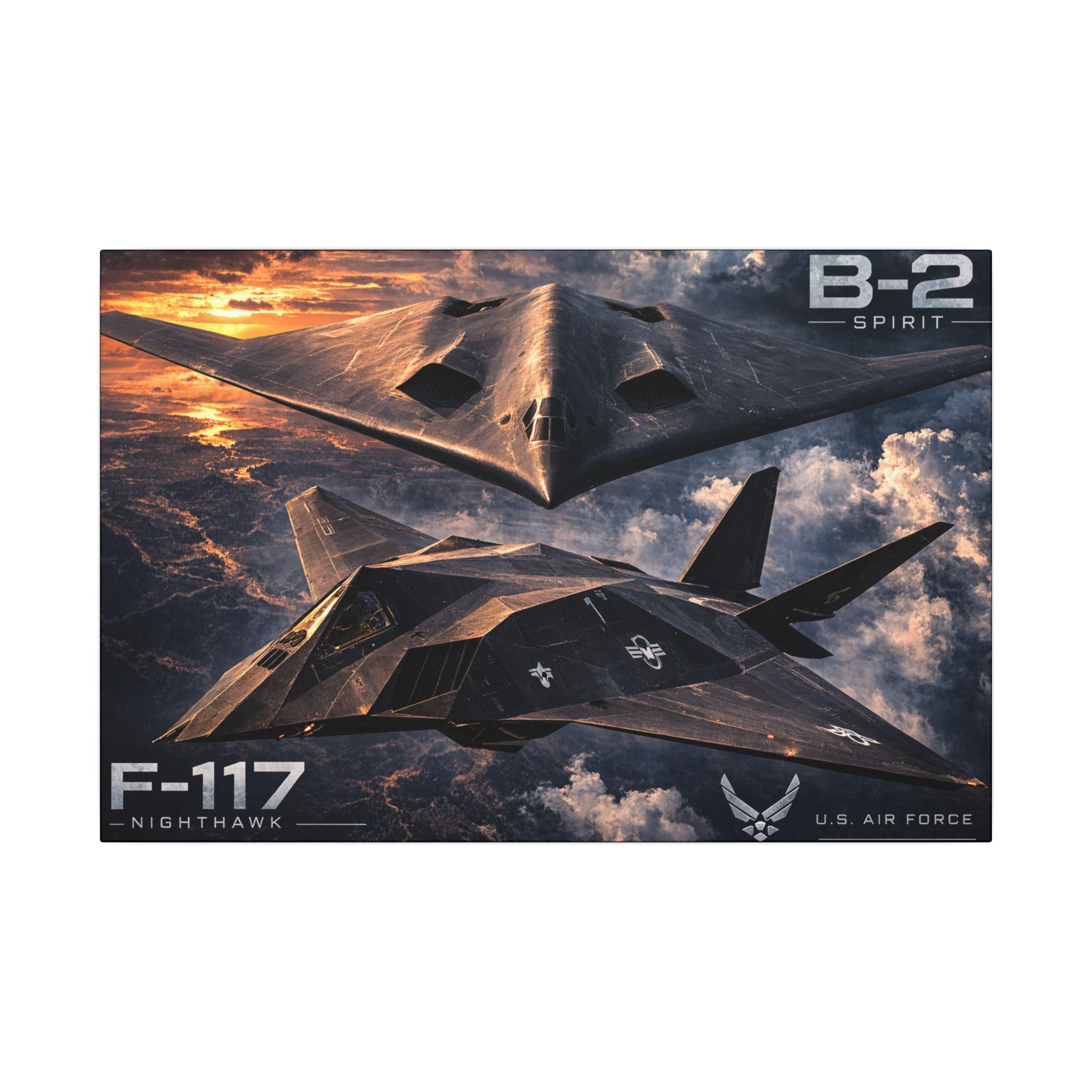 F-117 Nighthawk & B-2 Spirit Stealth Bomber Canvas Fighter Jet Wall Art Military Aviation Decor Air Force Aircraft Canvas 24 x 16
