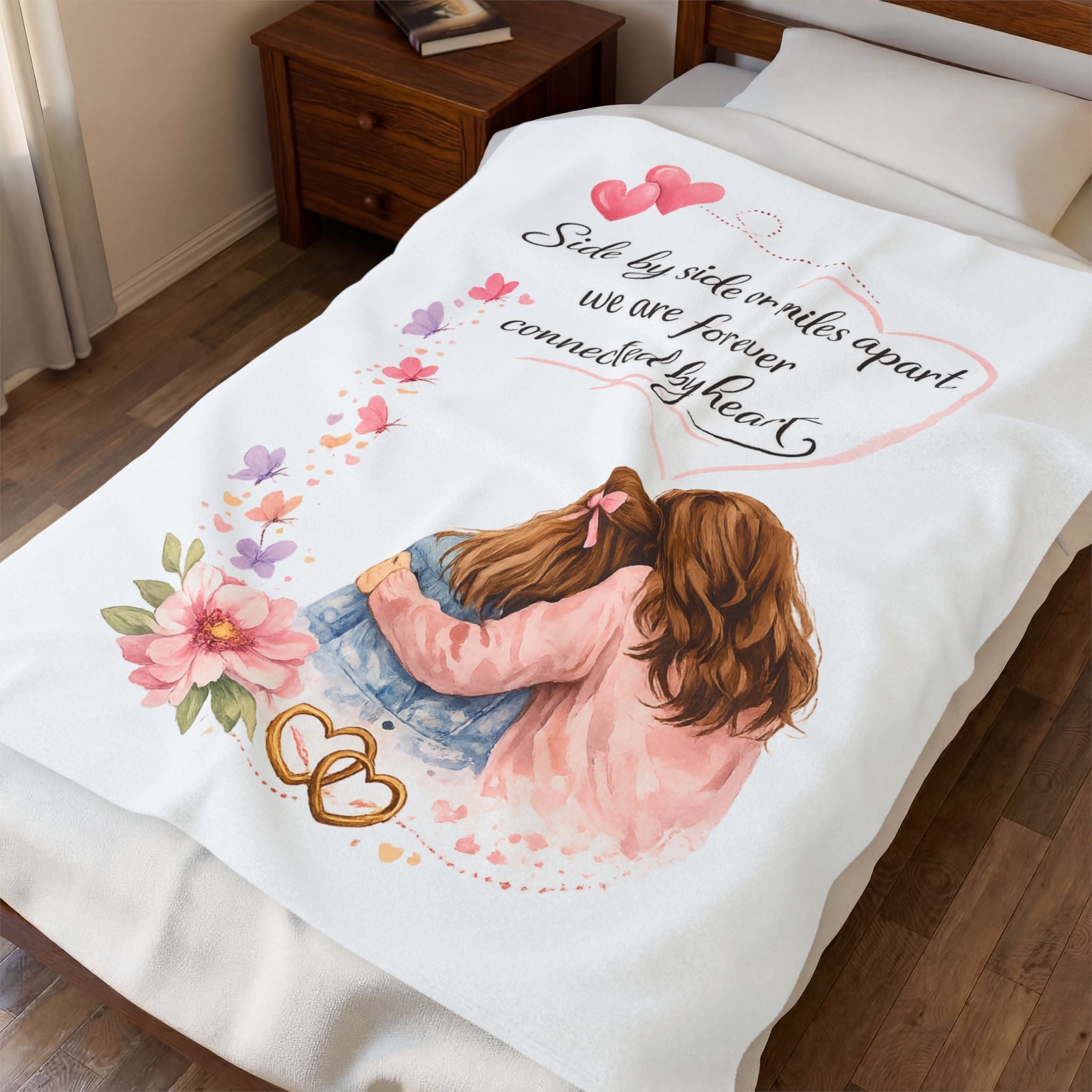 Mother Daughter Blanket Side by Side or Miles Apart - Forever Connected by Heart Mothers Day Gift 50" x 60"
