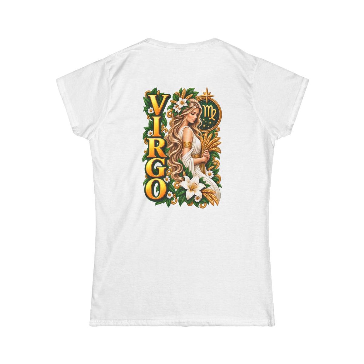SatsandStripes.com Virgo Goddess Women’s T-Shirt – Zodiac Maiden Floral Astrology Tee August 23–September 22 White