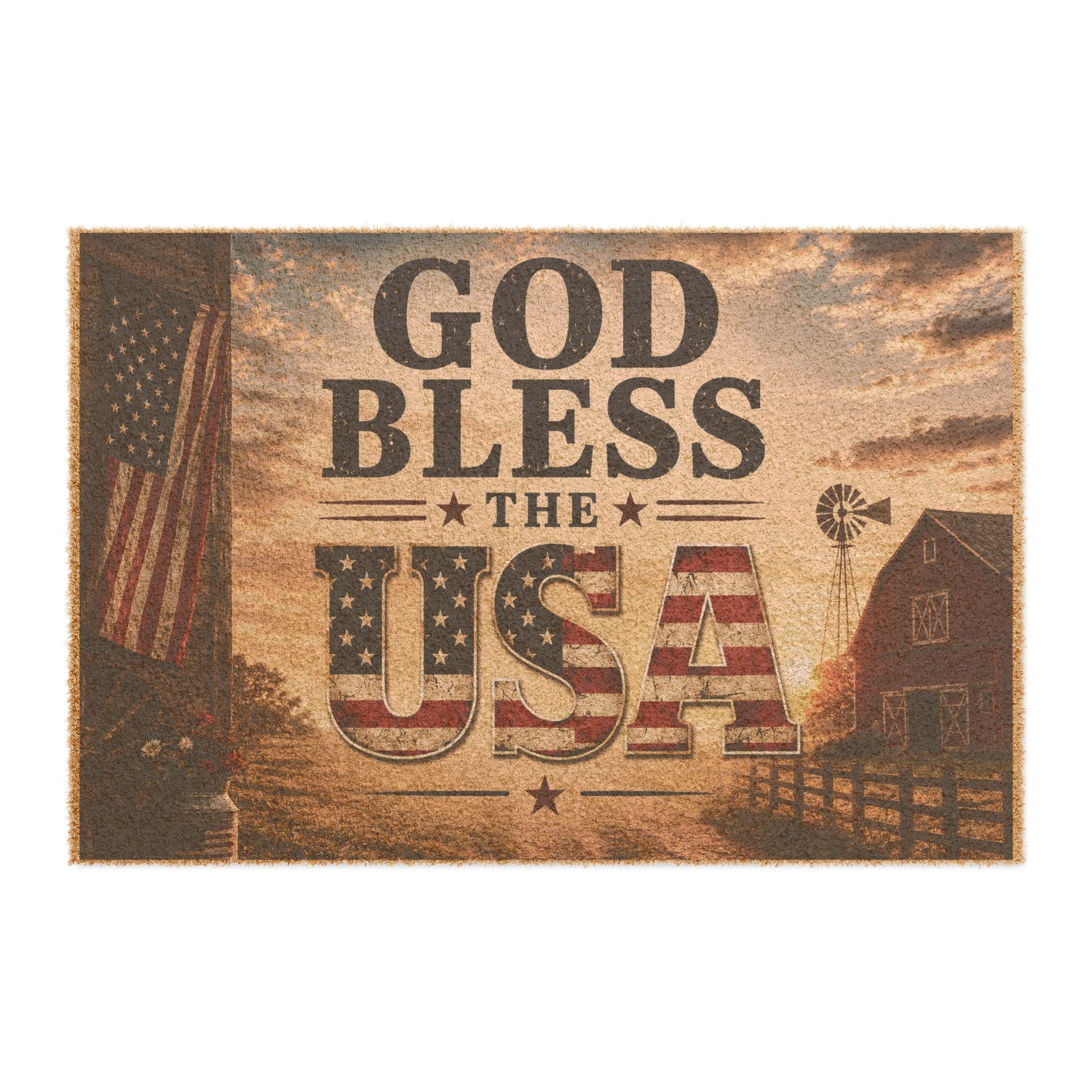 God Bless the USA Patriotic Coir Doormat Rustic American Flag Welcome Mat 24" x 16" Outdoor Entry Rug